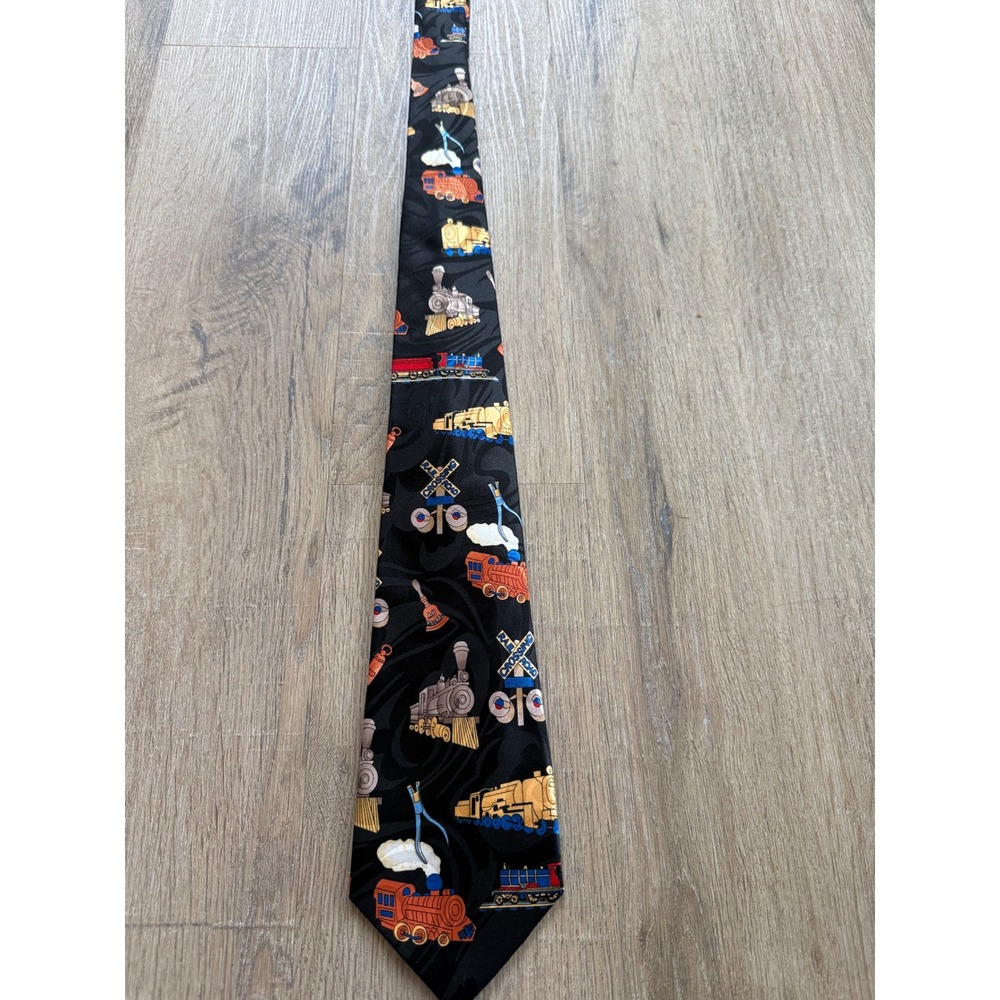 Steven Harris Mens Locomotive Train Railroad Novelty Tie Black Handmade - Picture 2 of 8